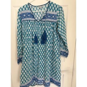 SZ Blockprints Floral Kaftan Kitty‎ Tasseled Boho Travel Dress Medium Women's